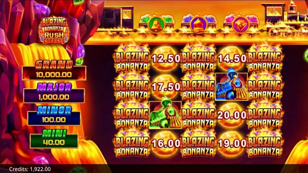 Pemandangan visual slot Blazing Bonanza Rush Express dengan tema tambang emas dan kereta api