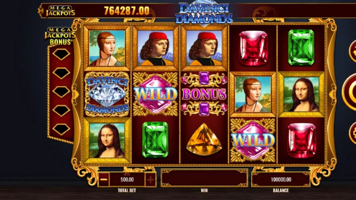 Tampilan visual slot Mega Jackpot DaVinci Diamonds dengan elemen seni Renaissance dan berlian.