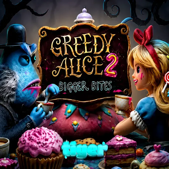 Tampilan visual slot Greedy Alice 2 Bigger Bites dengan tema Wonderland yang gelap
